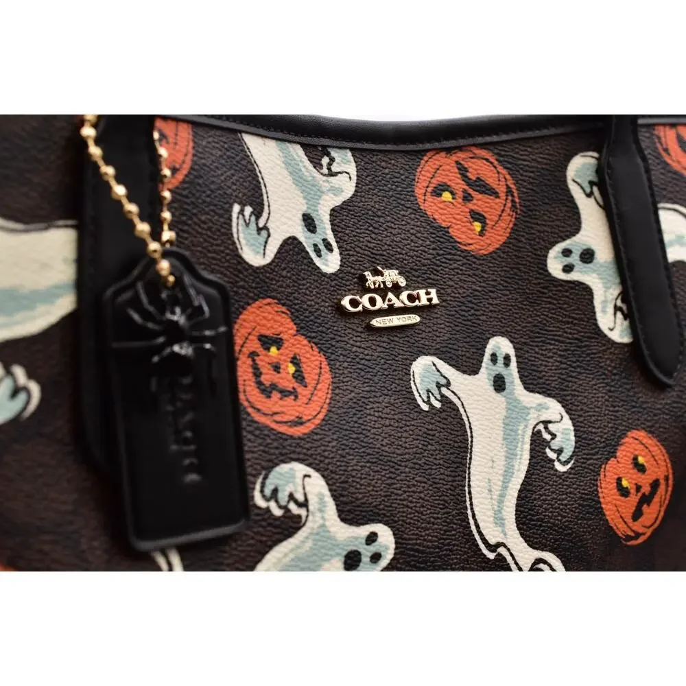 Coach City Tote Bag In Signature Canvas With Halloween Print Pumpkin Ghost NWT